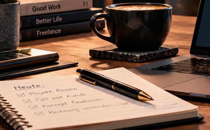 Ein Stillleben statt einer App-Ansicht: ein offenes Notizbuch mit handgeschriebener To-do-Liste, ein Stift und eine Tasse Kaffee auf einem Holztisch.